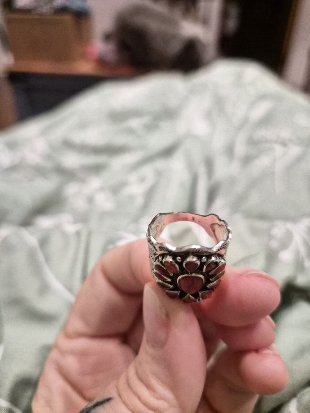 Vintage-Inspired Sterling-Style Red Coral Cluster Ring 6.5 - Picture 14 of 15